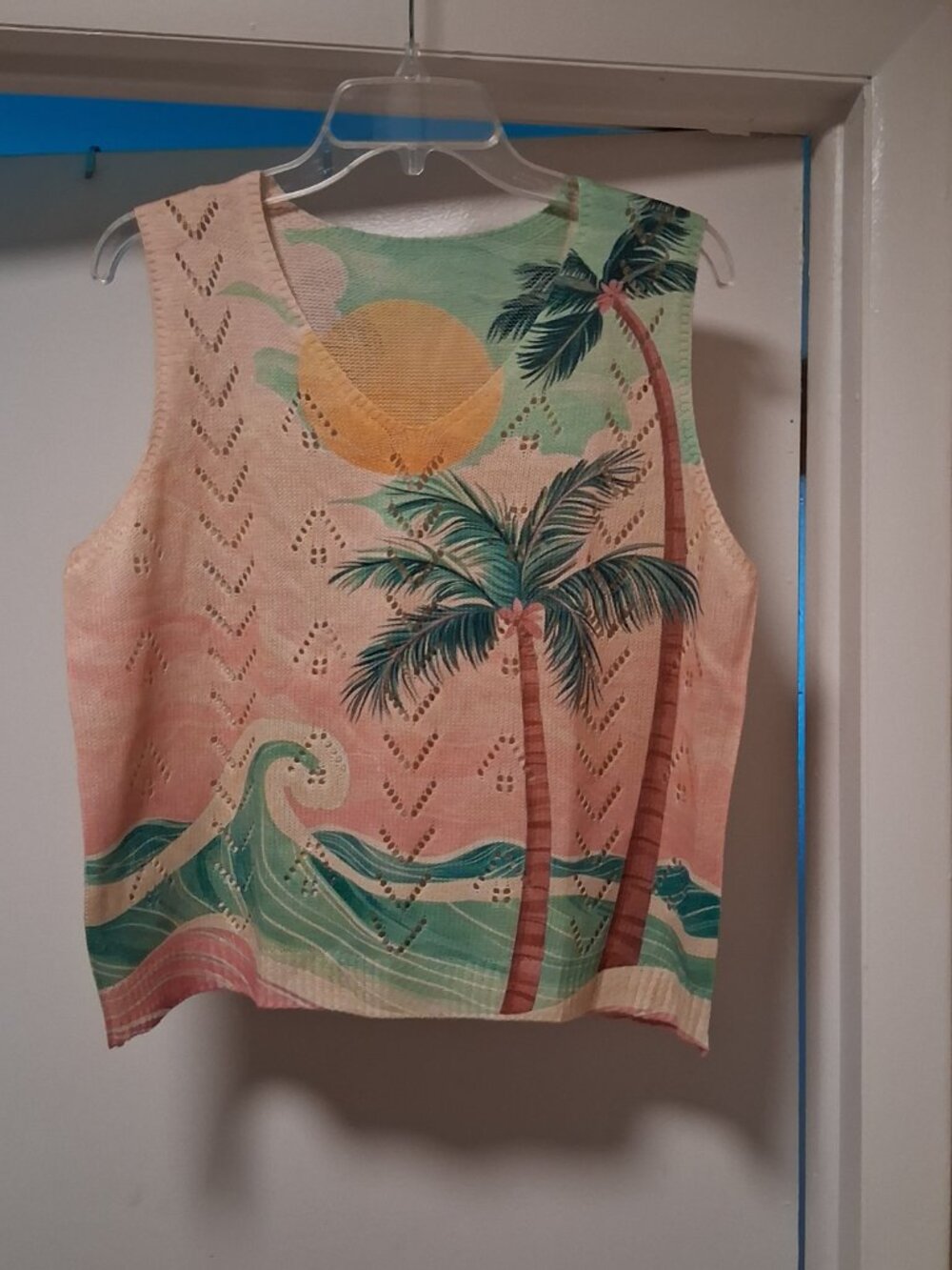 Sleeveless Palm Print Knit Top in Pink Green Size M/L NWOT